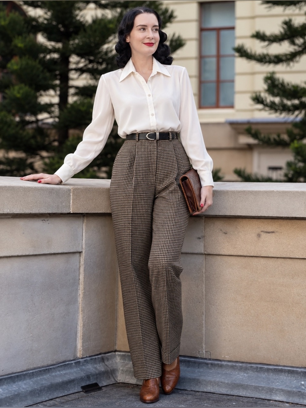 Vintage 80s 90s Liz Claiborne Black Tan Wool Houndstooth Pleated Trousers 2P